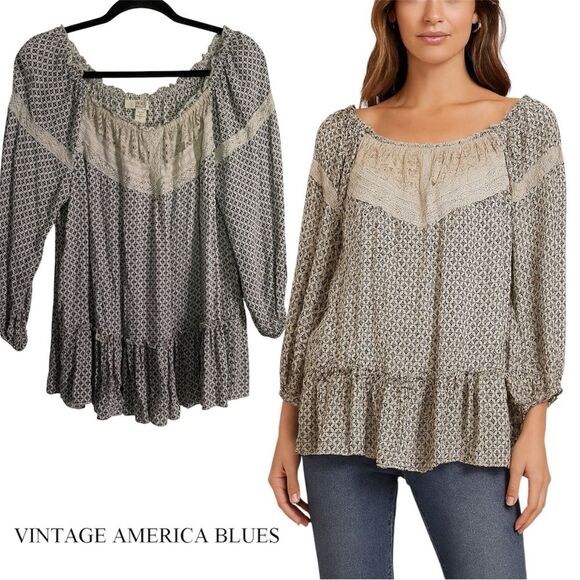 Vintage America Tops - Vintage America Blues Women's Lagenlook Cream Blouse with Lace Details L